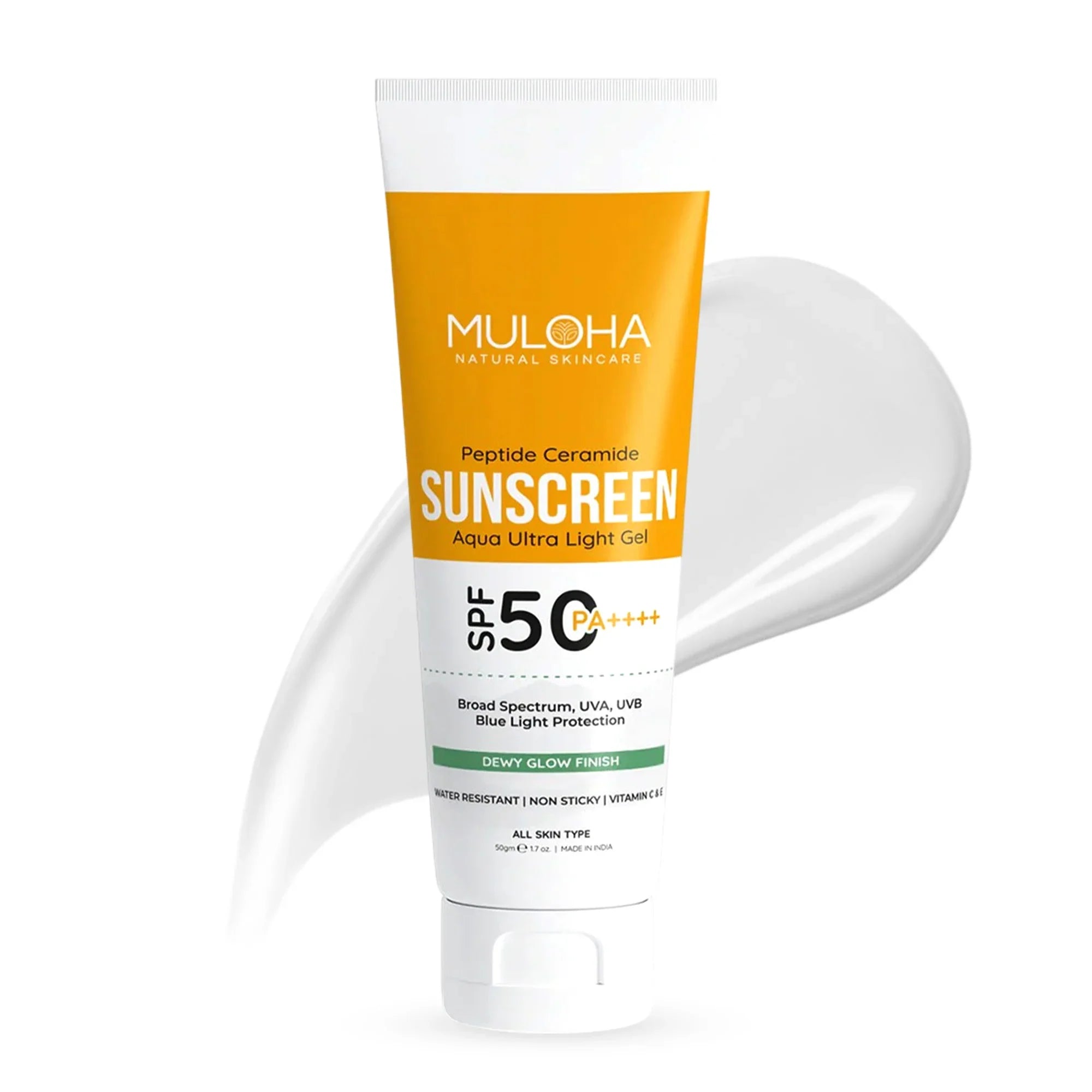 Muloha Aqua Ultra Light Gel Sunscreen SPF 50 PA++++, Broad Spectrum UV & Blue Light Protection, Ultra Lightweight Texture, With Hyaluronic Acid, Niacinamide, Ceramides and Vitamin E, Non-greasy, For All Skin Types, 50 g