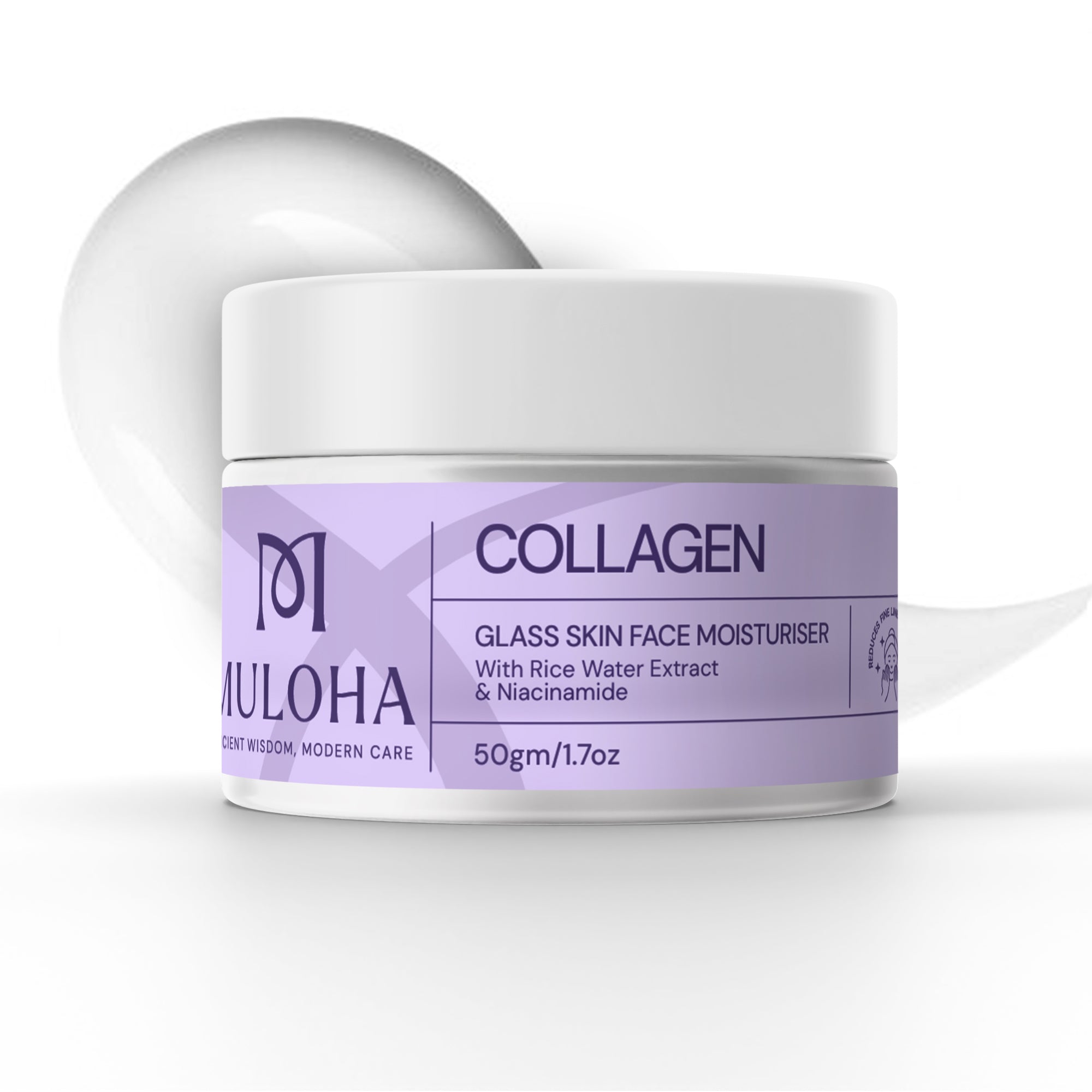 Muloha Glass Skin Collagen Face Moisturiser for Women with Rice Water, Niacinamide Anti-Aging, Brightening and Hydrating Face Cream, Lightweight, Non-Greasy, For All Skin Types, 50g